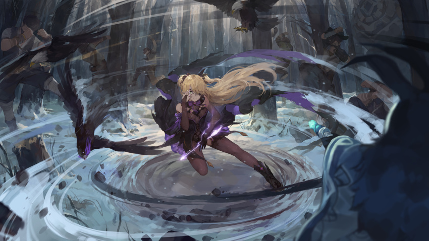 1girl, 6+boys, absurdres, abyss_mage_(genshin_impact), animal, arrow_(projectile), bangs, bird