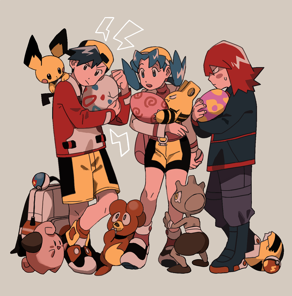 1girl, 2boys, backpack, backwards_hat, bag, bike_shorts, black_eyes, black_hair, black_jacket, blue_eyes, blue_hair, blush, blush_stickers, cleffa, cracked_egg, egg, elekid, ethan_(pokemon), fast_ball, full_body, gen_2_pokemon, great_ball, hat, holding, holding_poke_ball, hood, hoodie, igglybuff_egg, jacket, kris_(pokemon), lure_ball, magby, mangoshake, multiple_boys, pichu, poke_ball, pokegear, pokemon, pokemon_(game), pokemon_egg, pokemon_gsc, red_hoodie, red_shirt, redhead, shirt, shorts, silver_(pokemon), smoochum_egg, sport_ball, sweatdrop, tears, togepi_egg, twintails, tyrogue