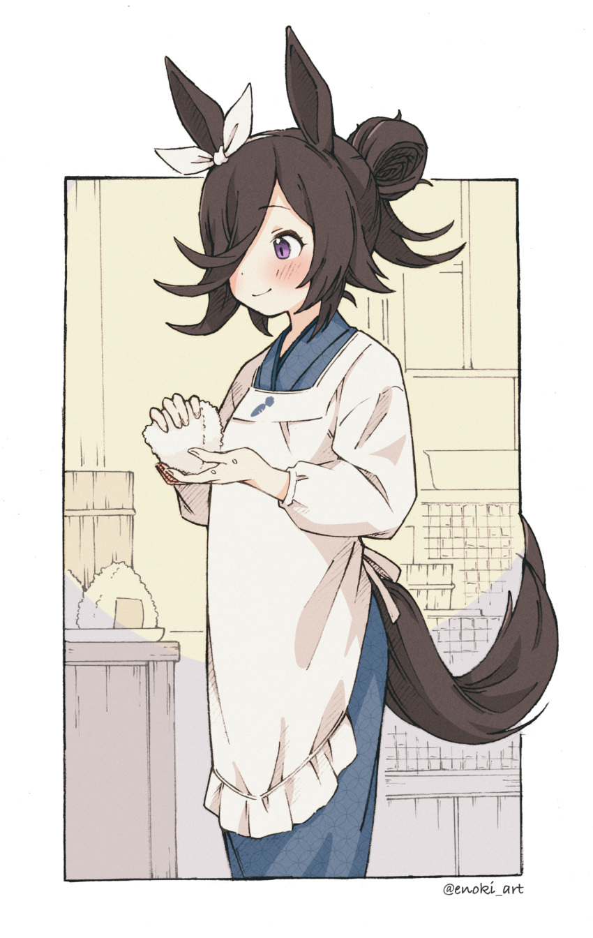 absurdres, alternate_costume, alternate_hairstyle, animal_ears, bangs, blue_kimono, border, bow