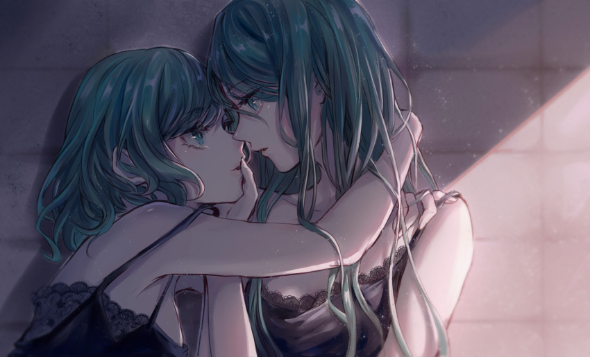 2girls, aqua_eyes, aqua_hair, arm_around_neck, arm_around_shoulder, bang_dream!, bangs, bare_arms