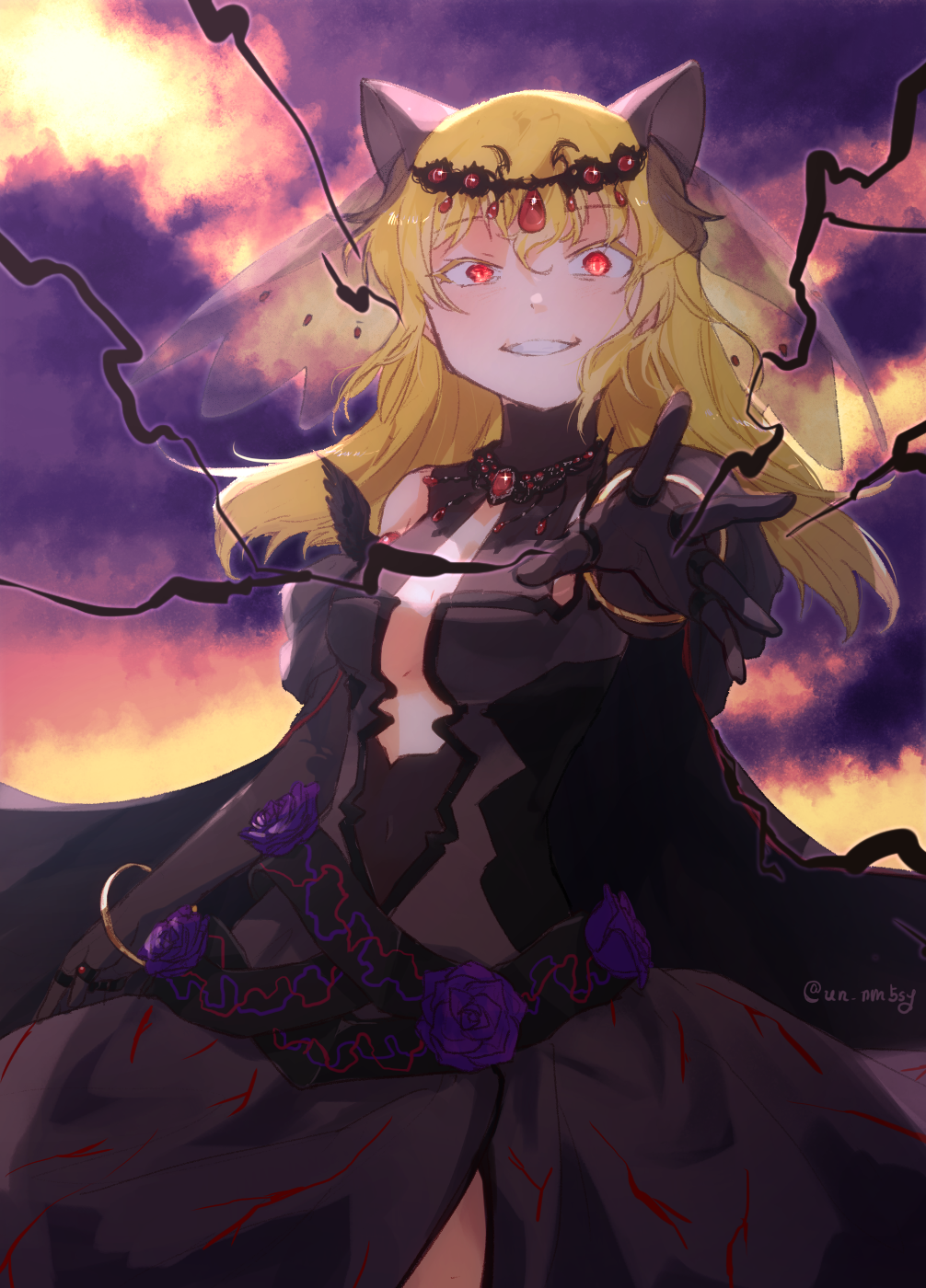 1girl, animal_ears, black_dress, blonde_hair, breasts, commentary_request, dress, evil_grin, evil_smile, facing_viewer, grin, highres, isabeau_de_baviere, long_hair, looking_at_viewer, magia_record:_mahou_shoujo_madoka_magica_gaiden, magical_girl, mahou_shoujo_madoka_magica, medium_breasts, outstretched_arm, red_eyes, smile, solo, teeth, un_nm5sy, upper_body