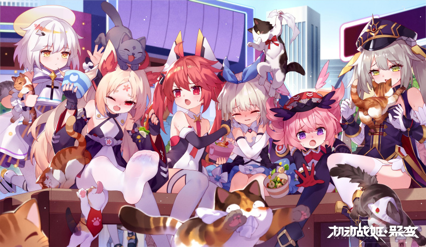 6+girls, :o, absurdres, ahoge, animal, animal_ears, animal_on_head, armor_girls