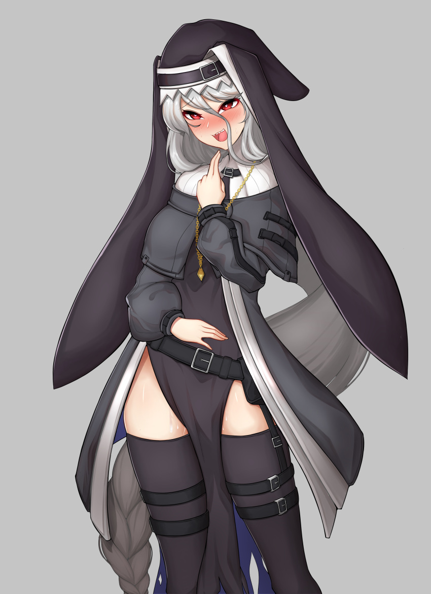 1girl, :d, absurdres, arknights, bangs, belt, black_belt, black_dress, capelet, commentary_request, dress, feet_out_of_frame, grey_background, grey_capelet, grey_jacket, grey_legwear, habit, hair_between_eyes, hand_on_own_stomach, hand_up, heart, heart-shaped_pupils, highres, jacket, korean_commentary, long_hair, long_sleeves, manggapaegtoli, naughty_face, nun, open_mouth, pelvic_curtain, puffy_sleeves, red_eyes, sharp_teeth, side_slit, silver_hair, smile, solo, specter_(arknights), standing, symbol-shaped_pupils, teeth, thigh-highs, thigh_strap, upper_teeth