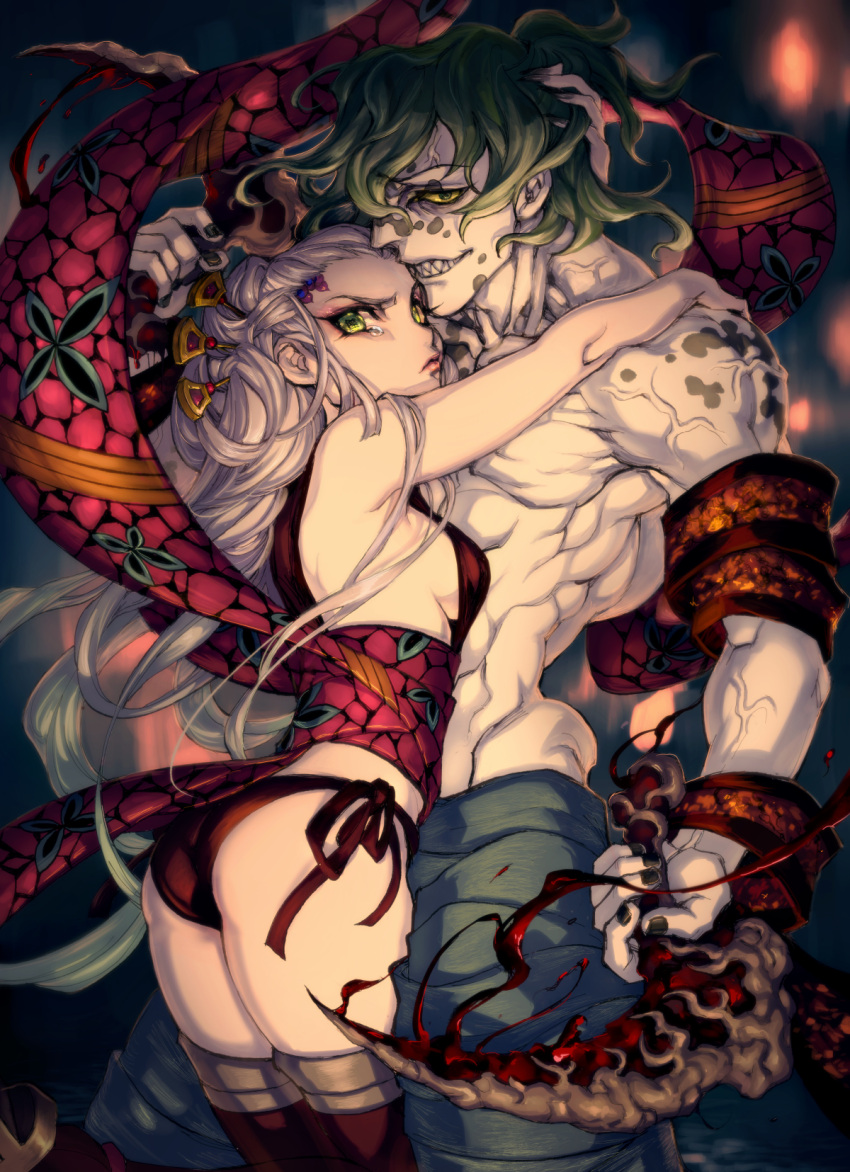 1boy, 1girl, ass, bare_arms, bare_shoulders, black_nails, blood, breasts, brother_and_sister, colored_skin, daki_(kimetsu_no_yaiba), demon, demon_boy, demon_girl, green_eyes, green_hair, highres, holding, holding_weapon, hug, japanese_clothes, kimetsu_no_yaiba, kimono, medium_breasts, muscular, muscular_male, nail_polish, nozoki_davis, pale_skin, panties, pants, red_panties, sharp_teeth, siblings, side-tie_panties, sideboob, sleeveless, smile, tears, teeth, thigh-highs, topless, underwear, veins, weapon, white_hair, white_skin