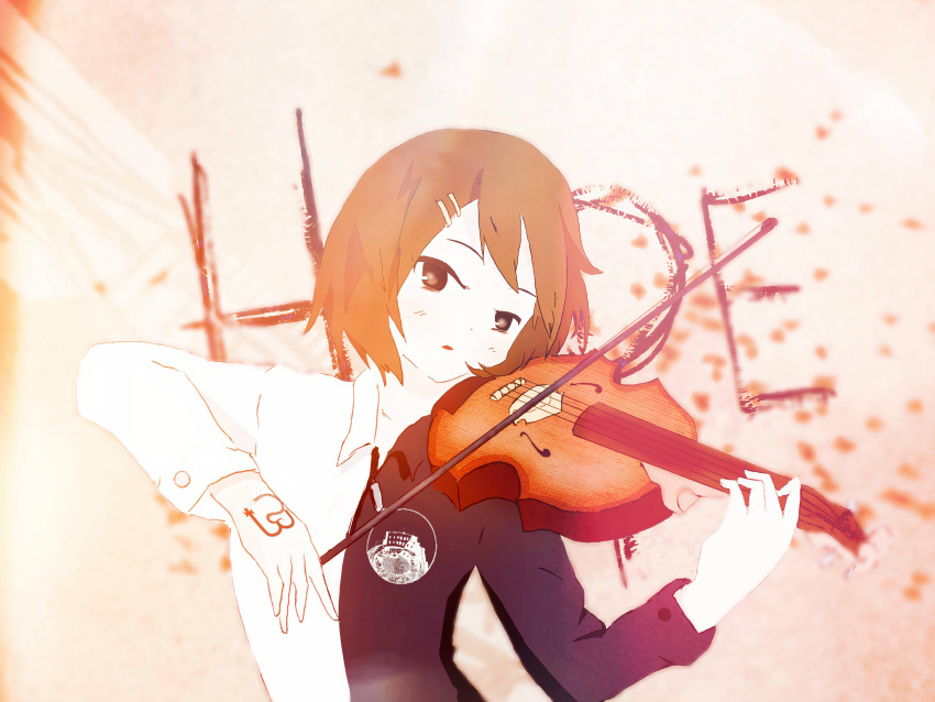 absurdres, alternate_costume, artist_request, bangs, bird, blurry, blurry_background, brown_eyes, brown_hair, colosseum, crossover, flock, godspeed_you!_black_emperor, hair_ornament, hairpin, hand_tattoo, highres, hirasawa_yui, instrument, k-on!, lens_flare, long_sleeves, looking_at_viewer, majorpentatonix, music, photoshop_(medium), playing_instrument, serious, shirt, short_hair, snake_tattoo, tattoo, two-tone_shirt, violin, violin_bow, writing, zipper