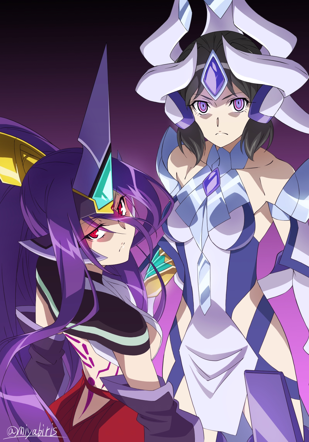 2girls, back_tattoo, backless_outfit, bangs, black_hair, blazblue, closed_mouth, detached_sleeves