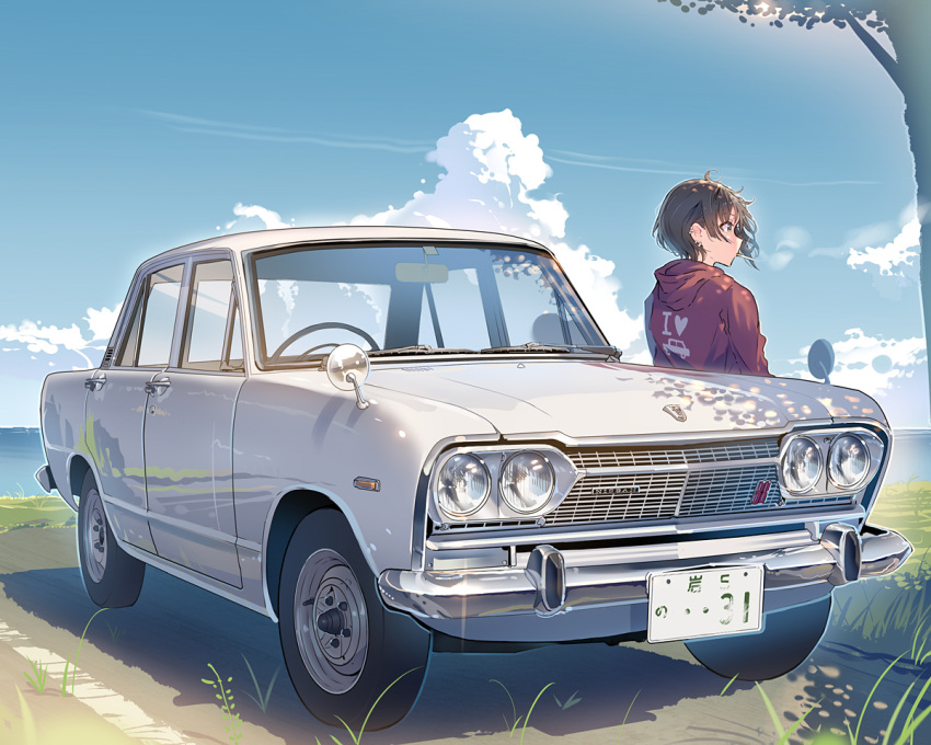 1girl, brown_hair, cumulonimbus_cloud, daito, day, ear_piercing, earrings, ground_vehicle, hood, hoodie, horizon, jewelry, mouth_hold, nissan_skyline, original, outdoors, piercing, profile, red_hoodie, short_hair, sky, smoking, solo, tree, vehicle_focus, water
