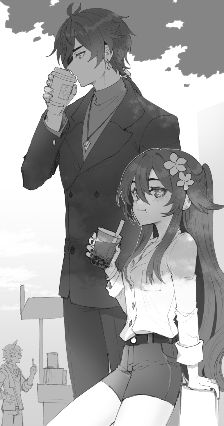 1girl, 2boys, belt, blazer, bubble_tea, casual, collared_shirt, cup, drink, drinking_straw, earrings, flower, genshin_impact, greyscale, hair_flower, hair_ornament, half-closed_eyes, highres, holding, holding_drink, hu_tao_(genshin_impact), index_finger_raised, jacket, jewelry, long_sleeves, lumbbyz, monochrome, multiple_boys, nail_polish, necklace, pants, ponytail, shirt, shorts, sitting, standing, symbol-shaped_pupils, tartaglia_(genshin_impact), turtleneck, twintails, zhongli_(genshin_impact)