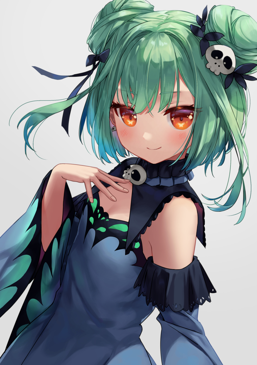 1girl, bangs, black_bow, blue_dress, blue_sleeves, bow, breasts, closed_mouth