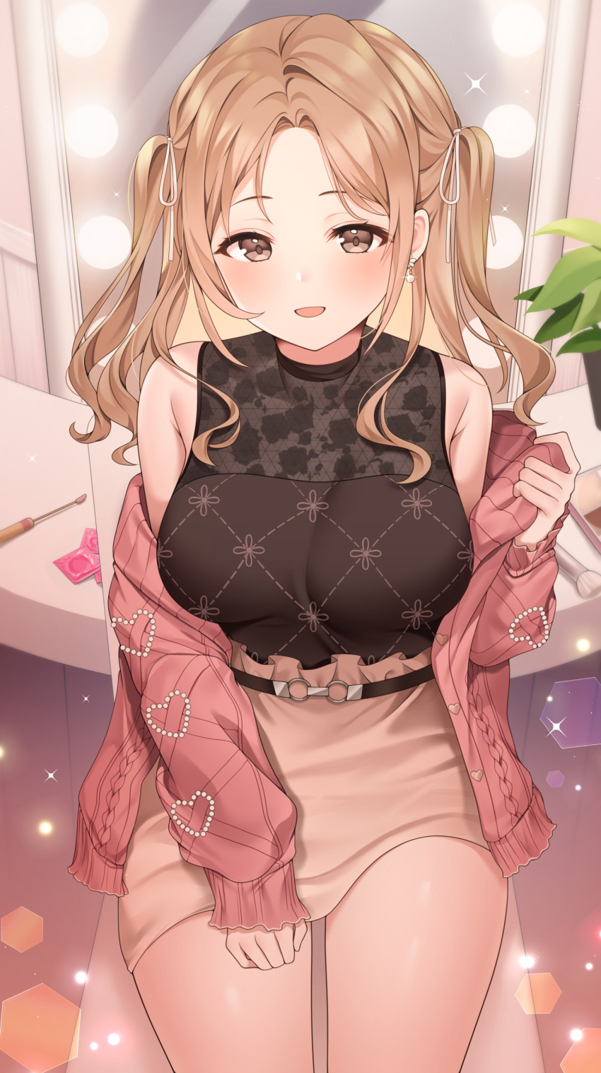 1girl, absurdres, bangs, bare_shoulders, belt, blush, breasts, brown_eyes