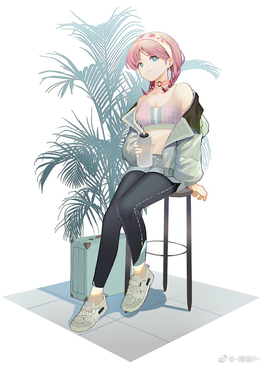 1girl, arknights, bangs, blue_eyes, blue_poison_(arknights), blue_poison_(shoal_beat)_(arknights), bottle, breasts, chinese_commentary, cigarette_p, closed_mouth, commentary_request, eyebrows_visible_through_hair, full_body, highres, holding, holding_bottle, jacket, long_hair, looking_at_viewer, looking_to_the_side, medium_breasts, midriff, navel, parted_bangs, pink_hair, pink_sports_bra, shoes, shorts, sideways_glance, sitting, skirt, skit, solo, sports_bra, water_bottle, white_background, white_footwear, white_shorts