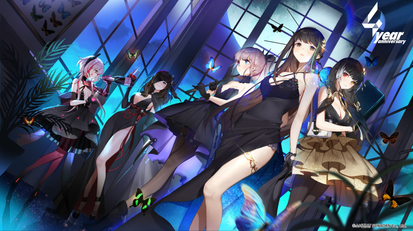 5girls, :q, absurdres, alcohol, anti-rain_(girls_frontline), bahao_diqiu, bare_shoulders, black_dress