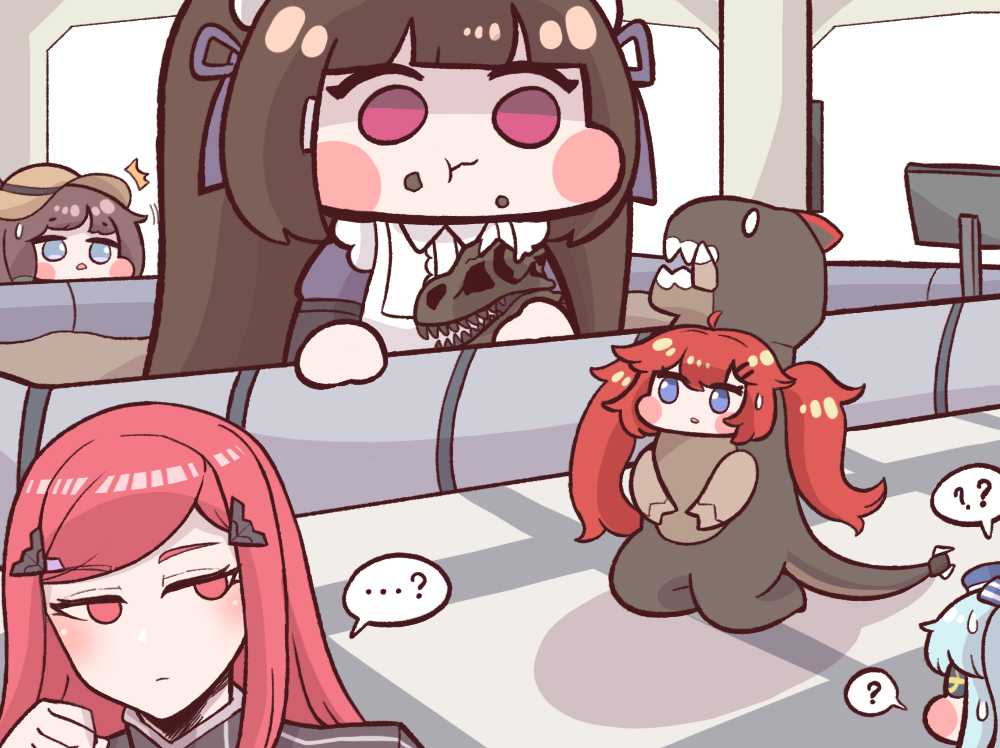 ...?, 5girls, :t, ?, ??, b-11_night_angel, bangs, blue_eyes, blush_stickers, brown_hair, bulga, chibi, daphne_(last_origin), dinosaur_costume, eating, eyepatch, food, food_on_face, giant, giantess, last_origin, light_blue_hair, long_hair, lrl, may_of_doom, multiple_girls, red_eyes, redhead, scissors_lise, sweatdrop, twintails, violet_eyes