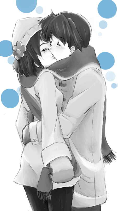 blue_eyes, blue_hair, blush, brown_eyes, brown_hair, clannad, furukawa_nagisa, ginytah, hug, husband_and_wife, kiss, monochrome, okazaki_tomoya, pantyhose, scarf