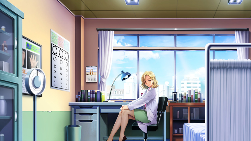 1girl, blonde_hair, blue_sky, brown_eyes, clouds, curly_hair, day, doukyuusei