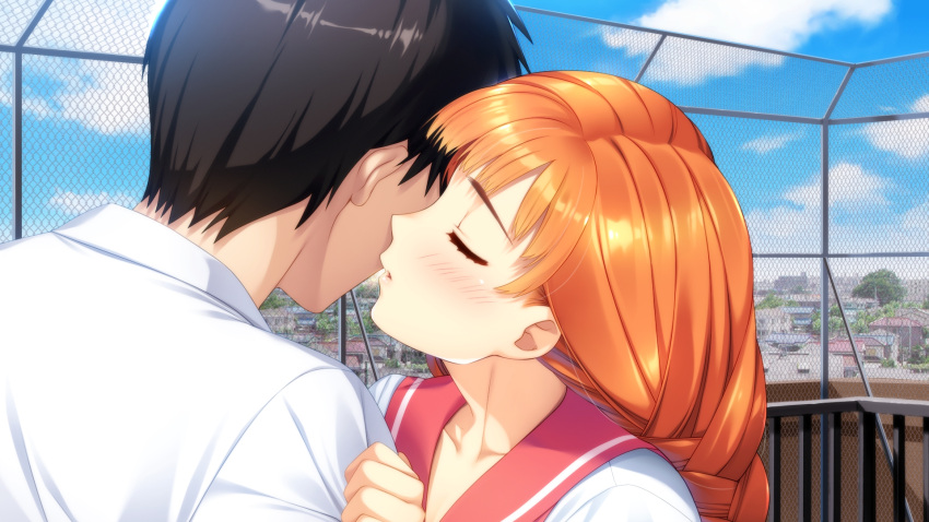 1boy, 1girl, black_hair, blue_sky, blush, braid, closed_eyes, clouds