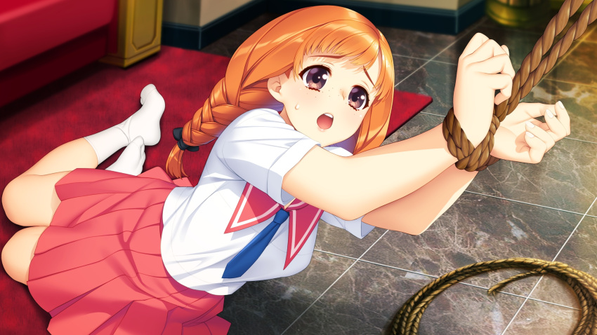 1girl, black_ribbon, blue_neckwear, bound, bound_wrists, braid, brown_eyes, collared_shirt