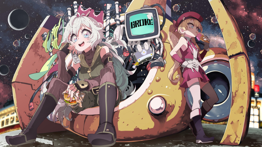 1other, 2girls, absurdres, arie_(starline), asteroid, beret, blonde_hair, blue_eyes