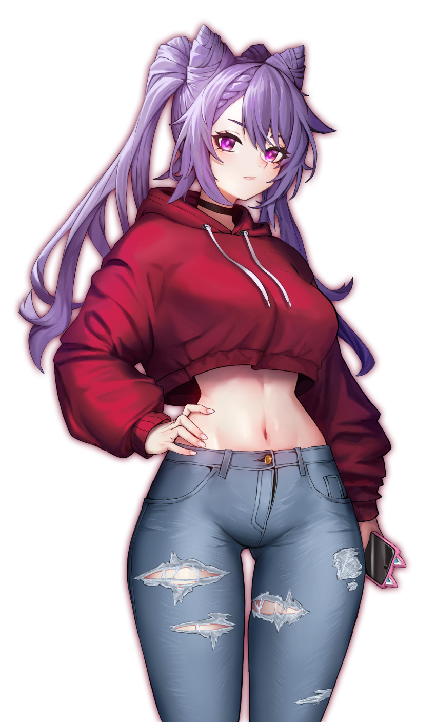 1girl, absurdres, blush, cellphone, choker, cropped_hoodie, dalman, denim, genshin_impact, hair_cones, highres, hood, hoodie, jeans, keqing_(genshin_impact), long_hair, looking_at_viewer, midriff, navel, pants, phone, phone_with_ears, purple_hair, torn_clothes, torn_jeans, torn_pants, twintails, violet_eyes, wide_hips