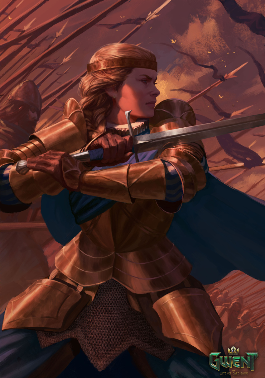 1girl, absurdres, armor, army, blonde_hair, blue_cape, blue_pants, braid