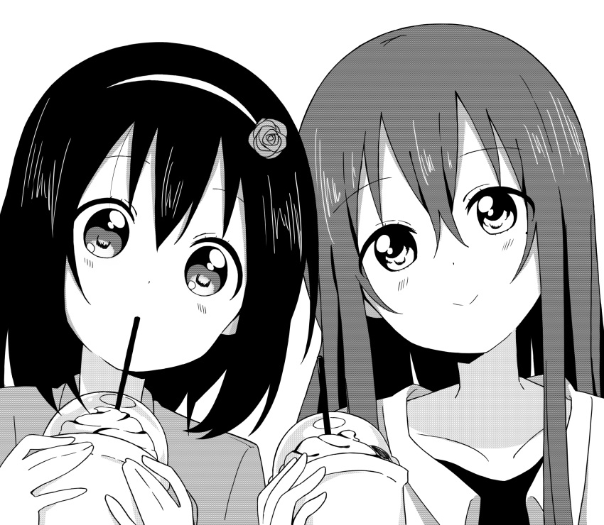 2girls, bangs, blush, closed_mouth, collarbone, commentary_request, cup, disposable_cup