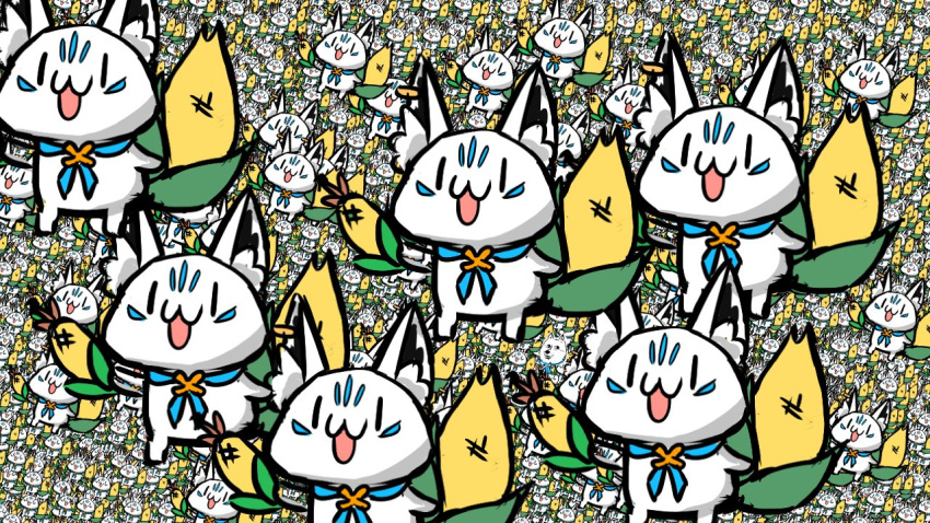 animal_ear_fluff, animal_ears, commentary_request, corn, eyebrows_visible_through_hair, food, fox_ears, holding