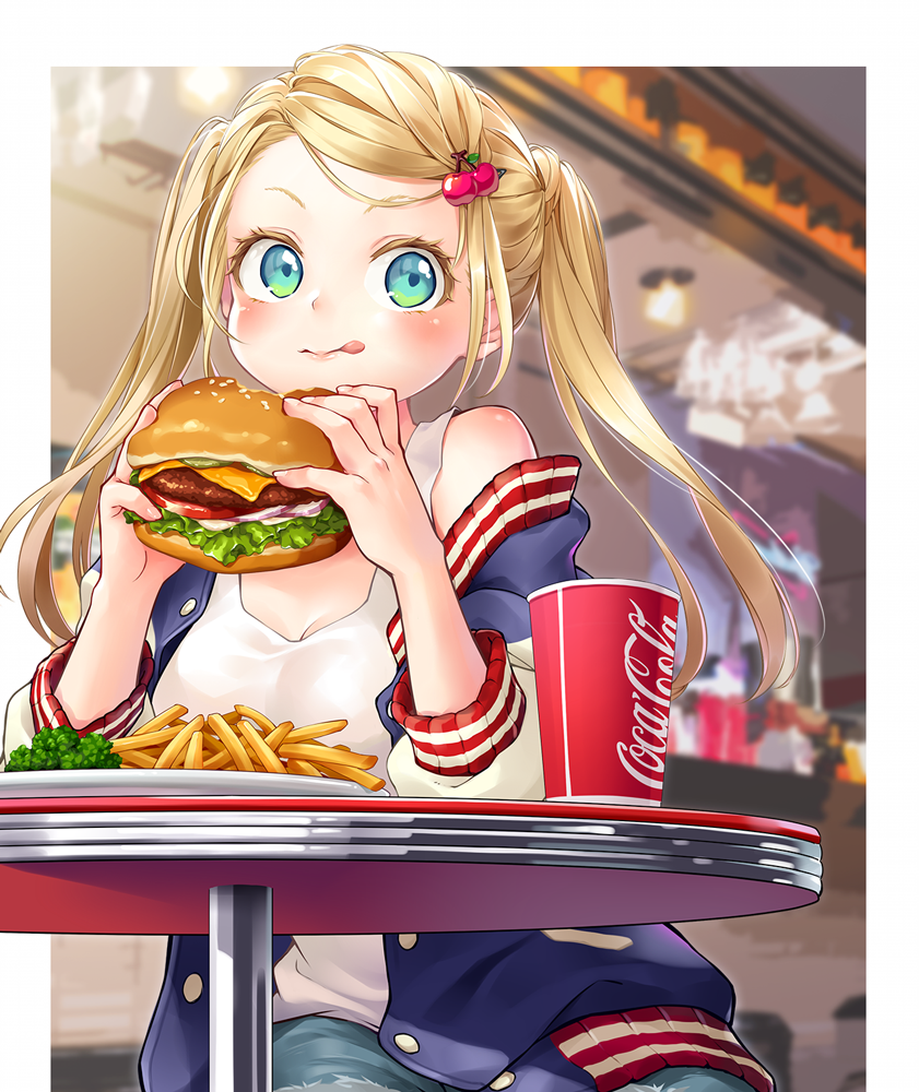 1girl, aqua_eyes, blonde_hair, blush, burger, cheese, cherry_hair_ornament, coca-cola, commentary_request, cup, food, food-themed_hair_ornament, french_fries, hair_ornament, holding, holding_food, indoors, lettuce, off_shoulder, original, panndarake, reflection, shadow, sitting, solo, table, tank_top, tongue, tongue_out, twintails, upper_body, white_tank_top