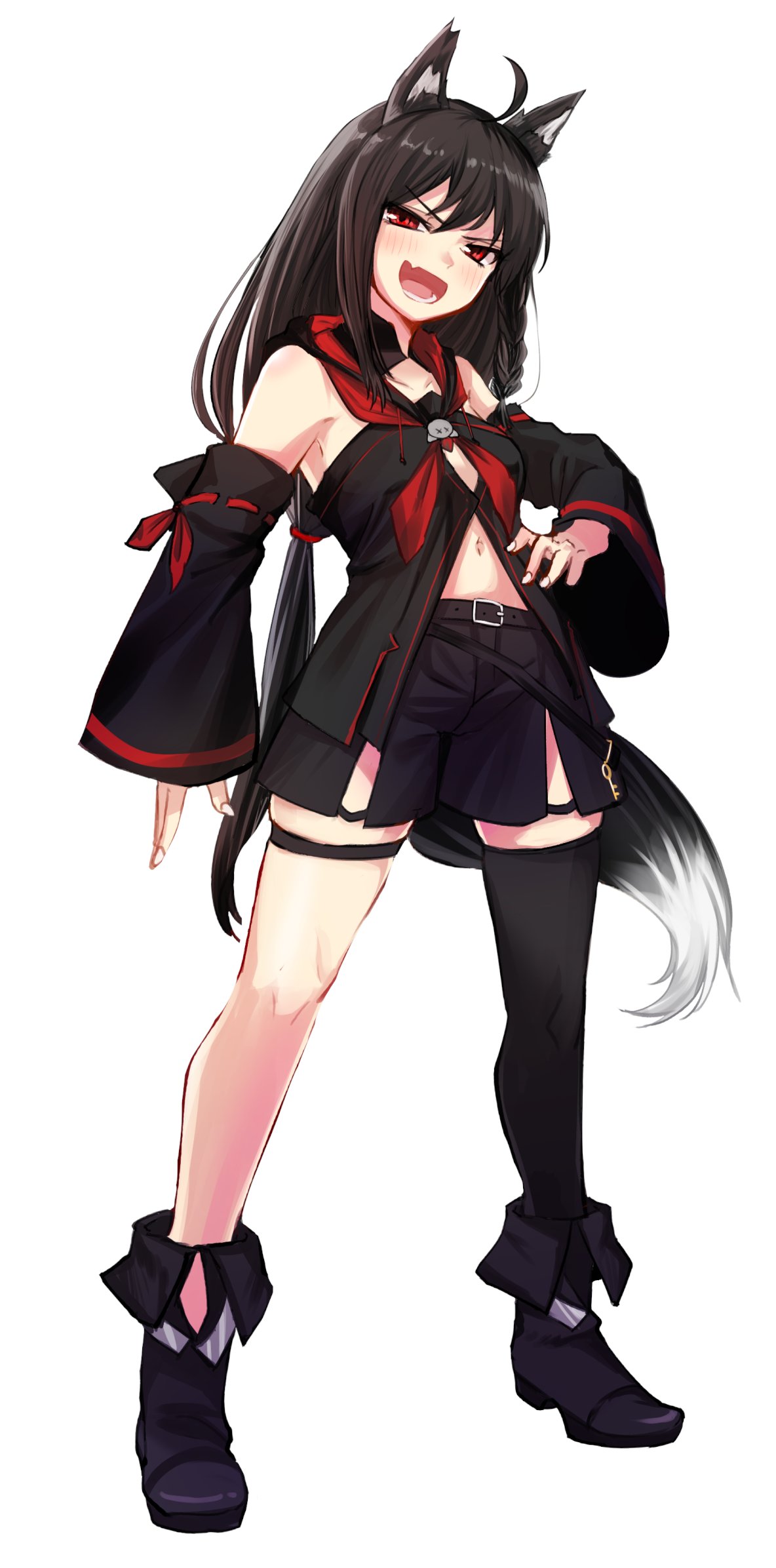 1girl, ahoge, animal_ears, armpit_peek, asymmetrical_legwear, bangs, belt, black_hair