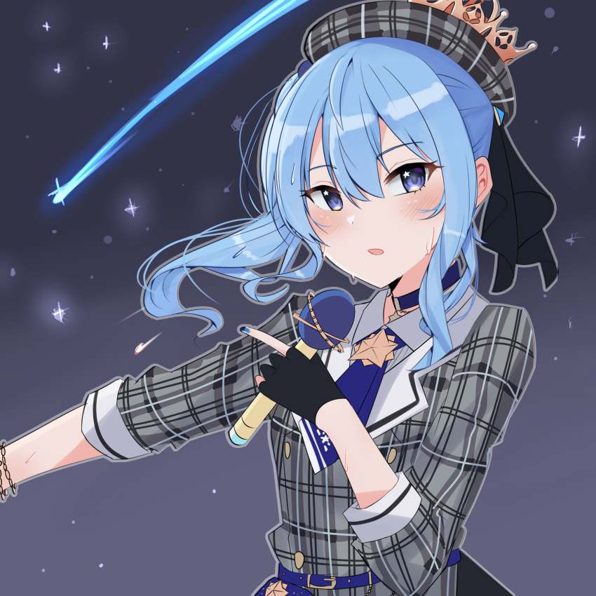 1girl, absurdres, arairev, bangs, black_gloves, blue_hair, blush, buckle