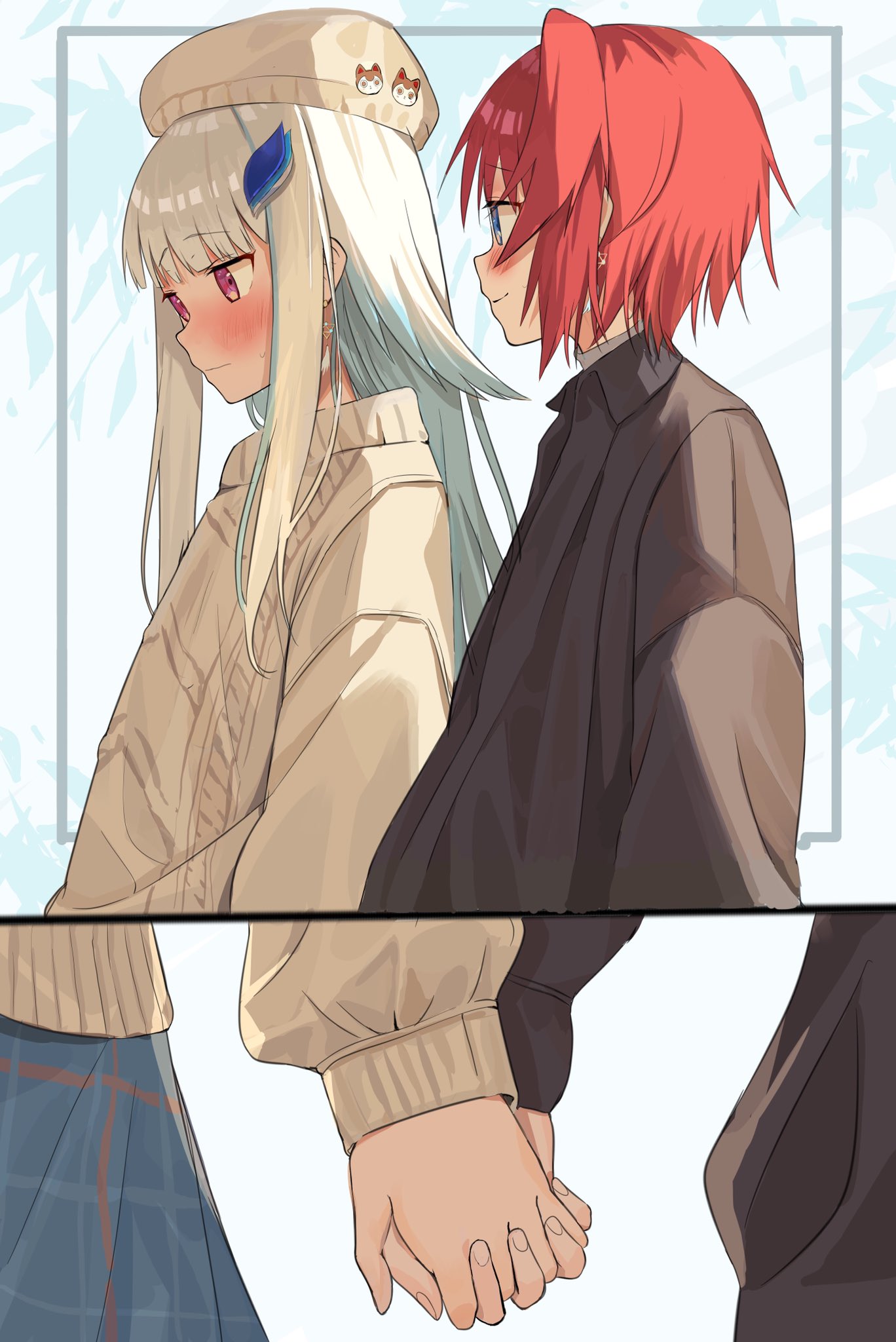 2girls, ange_katrina, aran_sweater, beige_headwear, beige_sweater, beret, black_jacket, blue_eyes