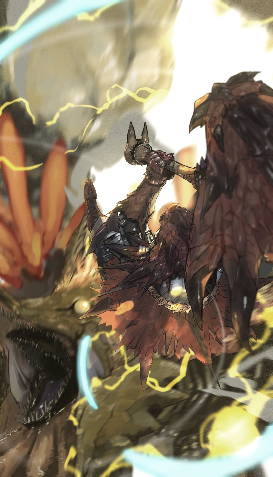 armor, battle, dragon, electricity, fangs, full_armor, gauntlets, hammer, highres, holding, holding_weapon, kdm_(ke_dama), monster_hunter_(series), monster_hunter_rise, motion_blur, nested_mouths, rathalos_(armor), thunder_serpent_narwa, weapon