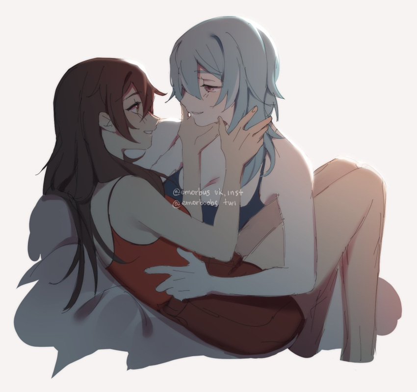 2girls, alternate_costume, amber_(genshin_impact), artist_name, blue_hair, blue_shirt, blush, breasts