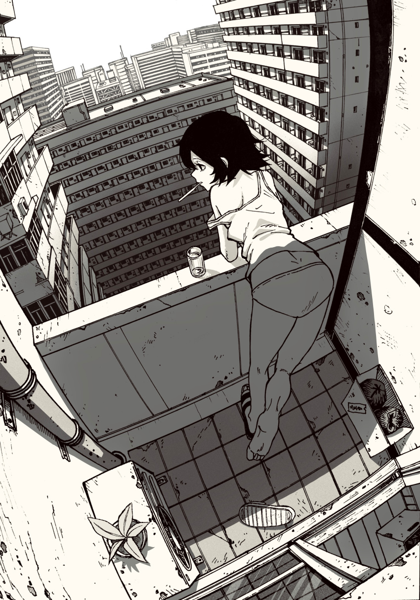 1girl, absurdres, air_conditioner, architecture, balcony, bent_over, building, cityscape, fisheye, flip-flops, from_behind, greyscale, highres, looking_to_the_side, medium_hair, monochrome, mouth_hold, omao, original, outdoors, panties, pipes, plant, potted_plant, profile, sandals, single_sandal, solo, strap_slip, tank_top, tile_floor, tiles, underwear, underwear_only