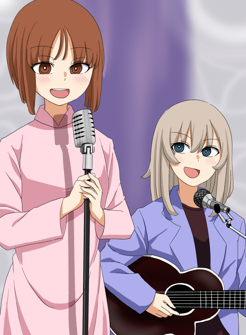 2girls, bangs, black_shirt, blazer, blue_eyes, blue_jacket, blurry, blurry_background