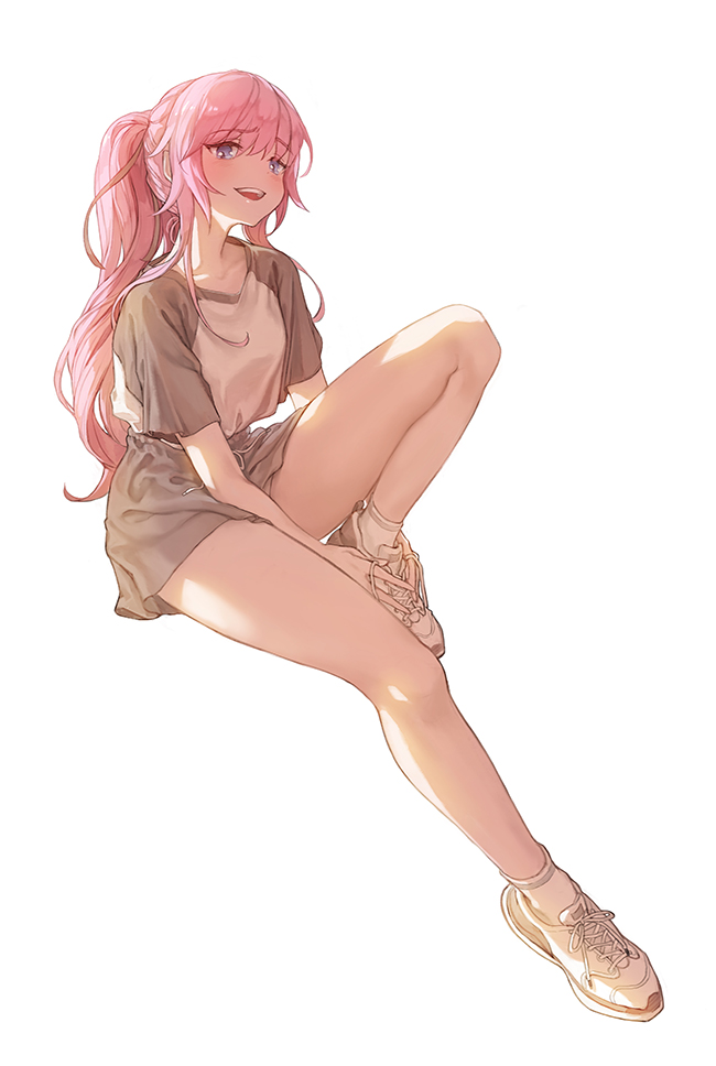 1girl, bare_legs, black_ribbon, collarbone, commentary, commission, doyagao, eyebrows_visible_through_hair