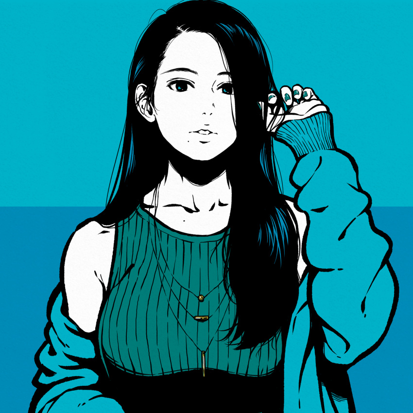 1girl, aqua_nails, aqua_shirt, aqua_tank_top, aqua_theme, arm_up, black_hair, breasts
