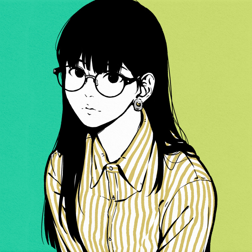 1girl, aqua_background, bangs, black_eyes, black_hair, collared_shirt, earrings, glasses