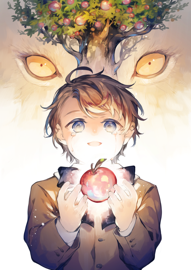 1boy, :d, animal, apple, aslan_(the_chronicles_of_narnia), asymmetrical_bangs, bangs, blue_eyes