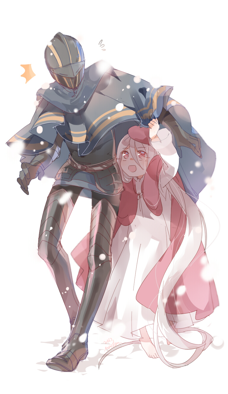 1boy, 1girl, armor, armored_boots, blue_cloak, boots, cloak, dark_souls_iii