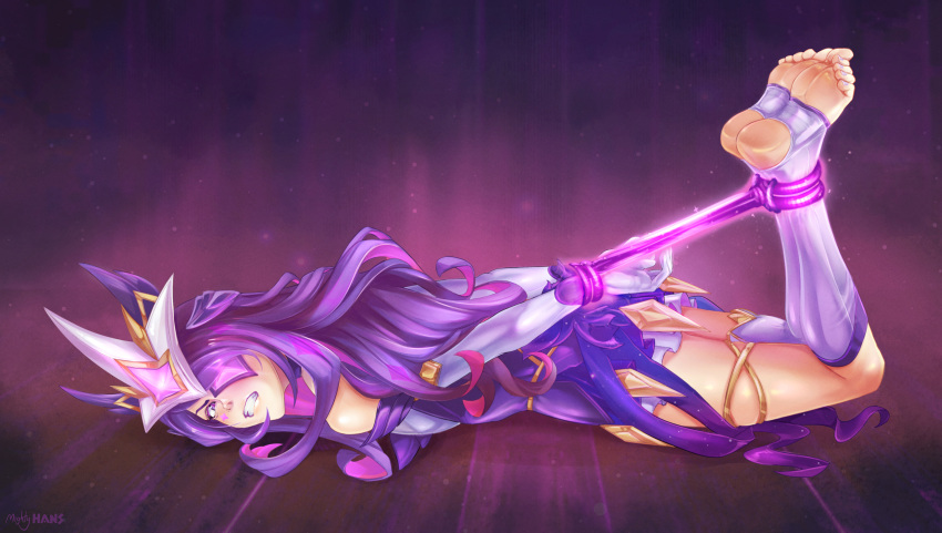 1girl, absurdres, arms_behind_back, aura, bdsm, bondage, bound, clenched_teeth, elbow_gloves, eyepatch, facial_mark, feet, gem, gloves, glowing, hans_ft, headgear, highres, league_of_legends, long_hair, multicolored, multicolored_hair, pink_hair, purple_hair, purple_legwear, purple_nails, purple_rope, restrained, rope, signature, solo, star_(symbol), star_guardian_(league_of_legends), star_guardian_syndra, syndra, teeth, toenails, white_gloves, wooden_floor
