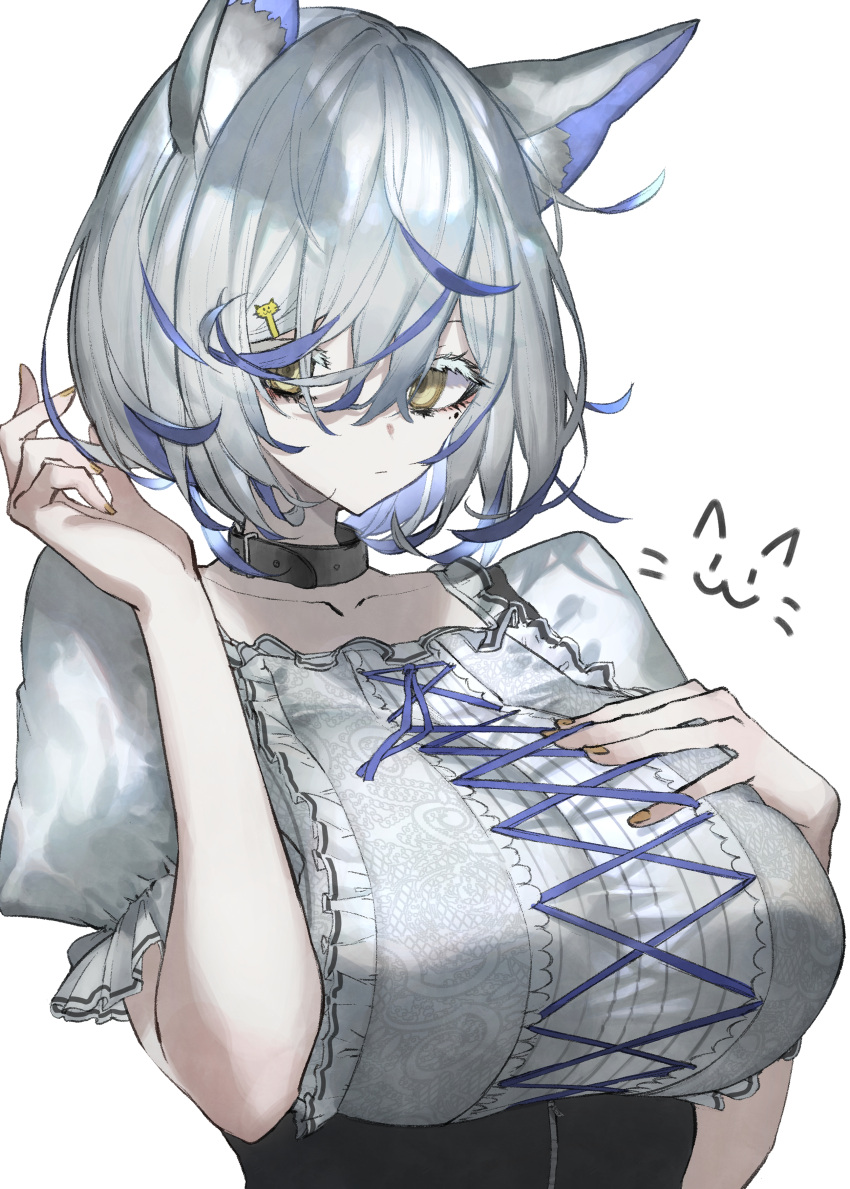 absurdres, animal_ear_fluff, animal_ears, blue_hair, cat_hair_ornament, collar, dress, hair_ornament