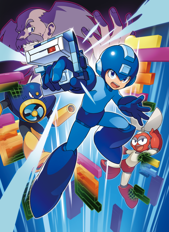 4boys, :d, air_man, android, arm_cannon, black_bodysuit, blue_bodysuit, blue_footwear, blue_gloves, blue_headwear, bodysuit, boots, commentary_request, cut_man, dr._wily_(mega_man), facial_hair, fingernails, floating, glint, gloves, grey_bodysuit, grey_hair, grin, hand_up, helmet, holding, kin_niku, male_focus, mega_man_(character), mega_man_(classic), mega_man_(series), mega_man_1, mega_man_2, multiple_boys, mustache, official_art, old, old_man, open_mouth, outline, red_eyes, red_footwear, red_gloves, red_outline, short_hair, smile, speed_lines, teeth, upper_teeth, weapon, yellow_footwear