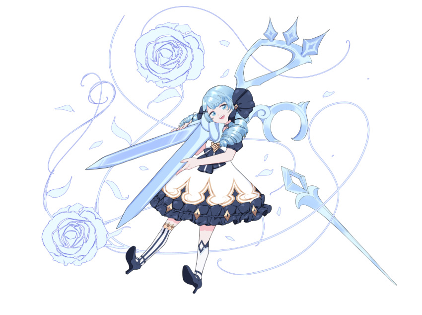 1girl, black_footwear, blue_eyes, blue_flower, blue_hair, blue_rose, dress, drill_hair, ere58531, flower, frilled_dress, frills, gwen_(league_of_legends), high_heels, holding, holding_scissors, league_of_legends, light_blue_eyes, light_blue_hair, mismatched_legwear, needle, open_mouth, oversized_object, puffy_sleeves, rose, scissors, smile, solo, striped, striped_legwear, teeth, thigh-highs, thread, twin_drills, twintails, upper_teeth, white_background, white_dress
