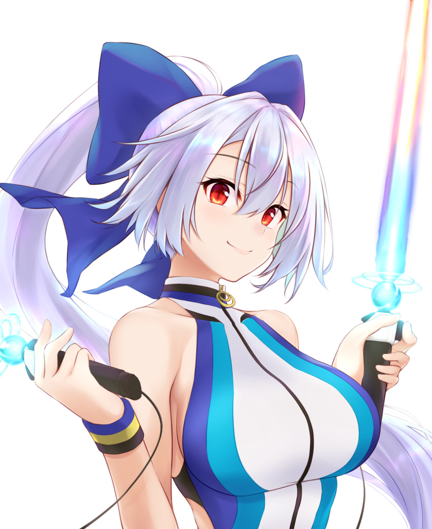 1girl, bangs, blue_bow, blue_swimsuit, bow, breasts, dual_wielding, energy_sword
