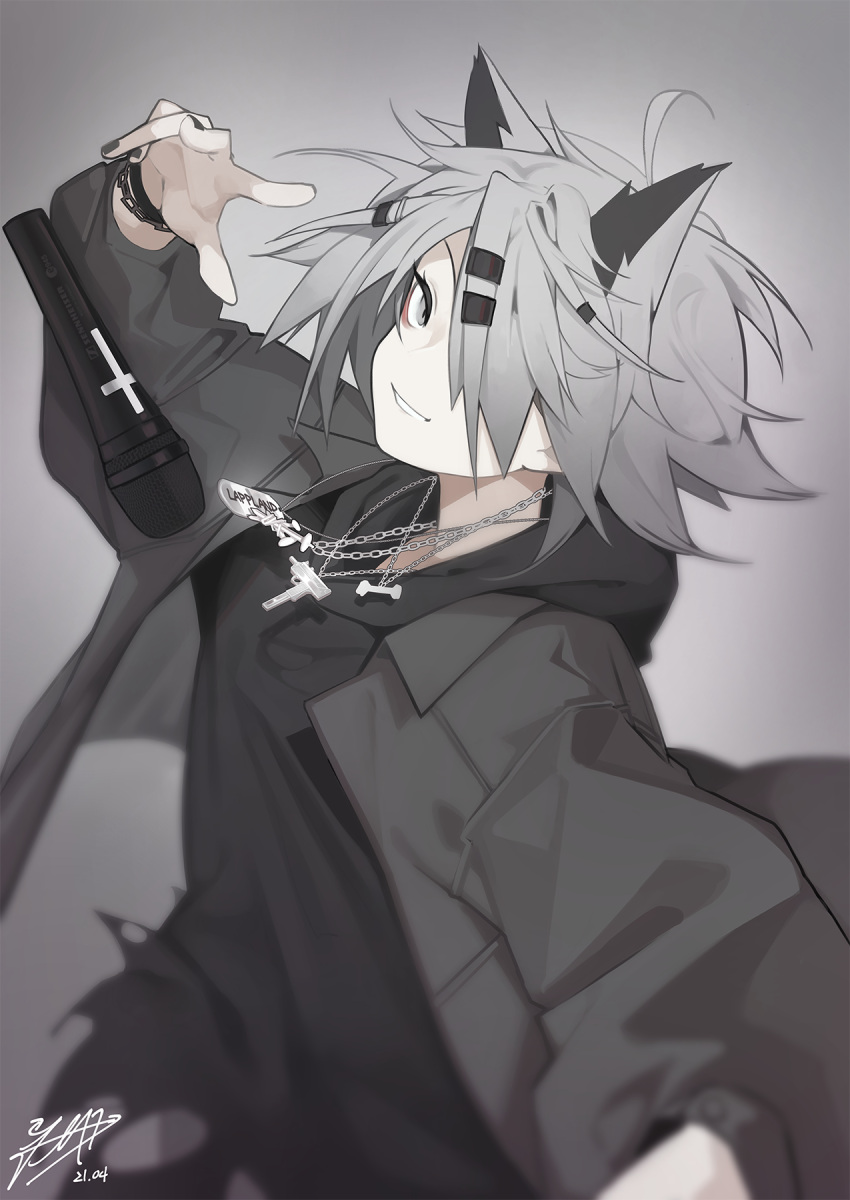 1girl, ahoge, animal_ears, arknights, artist_name, black_jacket, black_shirt, bracelet