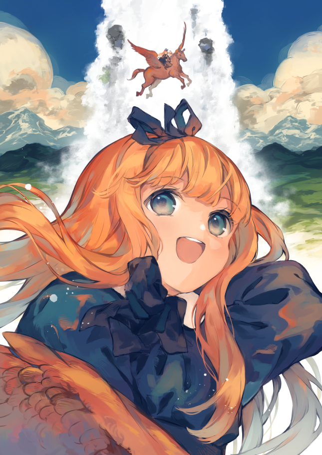 1boy, 1girl, :d, bangs, blonde_hair, blue_eyes, blunt_bangs, clouds
