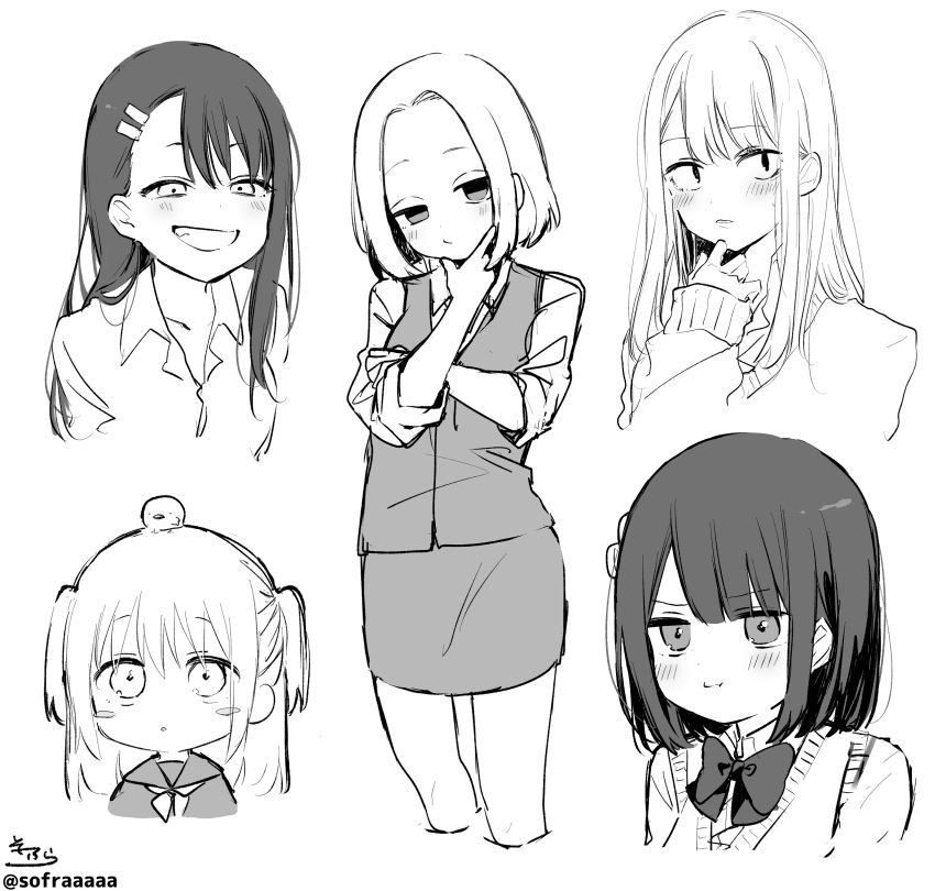 5girls, :o, :t, absurdres, animal_on_head, bangs, bird, blush
