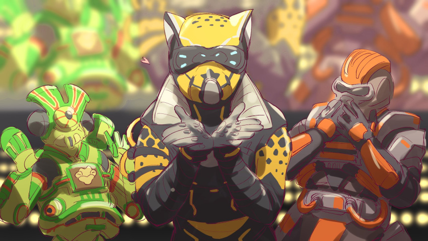 3boys, animal_ears_helmet, apex_legends, cable, caustic_(apex_legends), cheetah_print, gloves, goggles