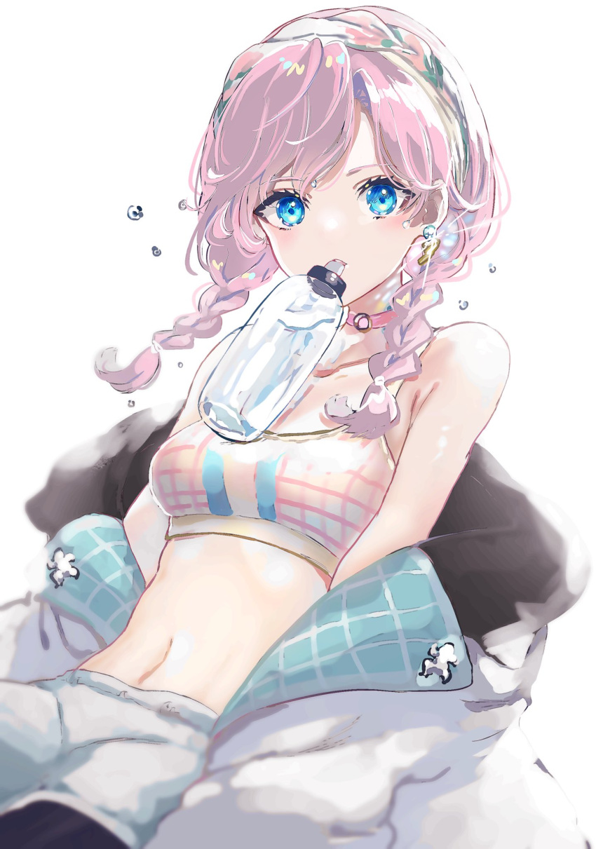 1girl, arknights, black_legwear, blue_eyes, blue_poison_(arknights), blue_poison_(shoal_beat)_(arknights), bottle, braid