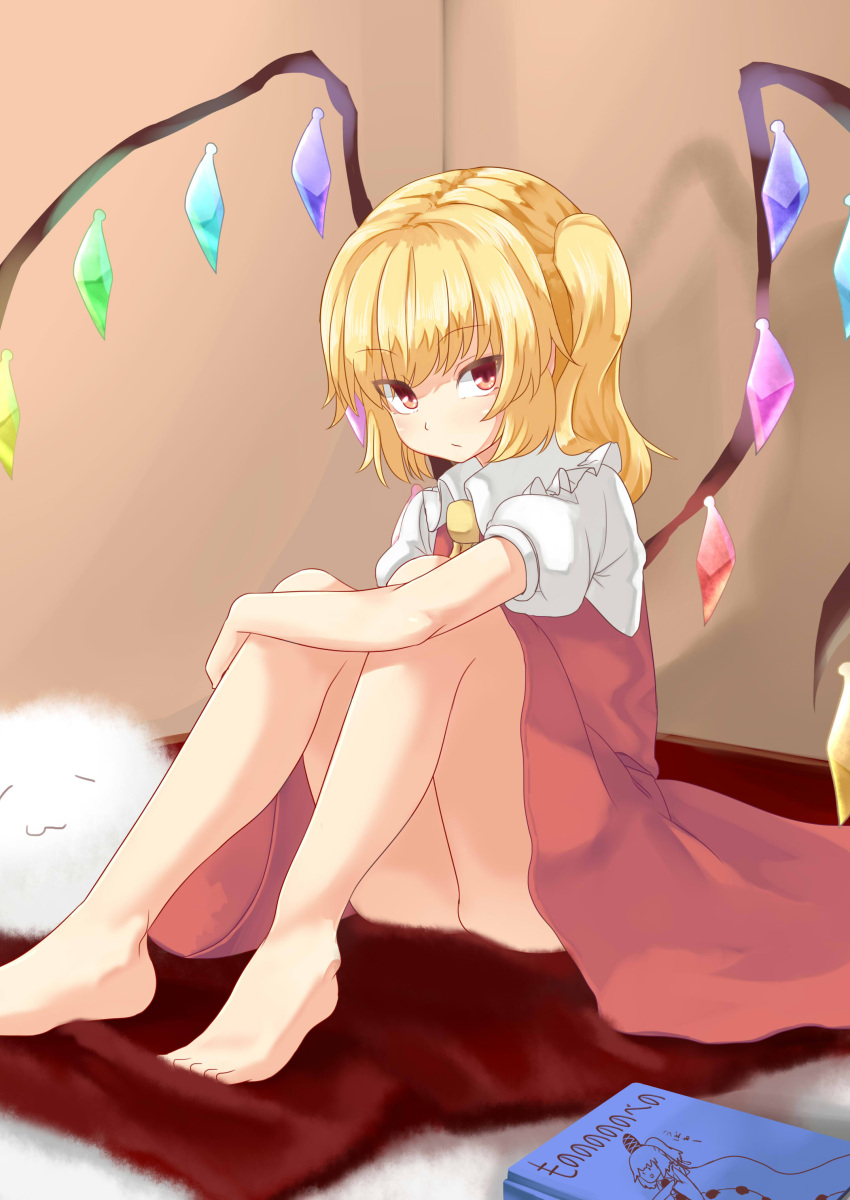 1girl, :3, absurdres, barefoot, blonde_hair, book, crystal, dress